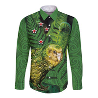 New Zealand Kkp Long Sleeve Button Shirt Silver Fern with Close up of Green Fern Leaves and Maori Tattoo LT03 Unisex Green - Polynesian Pride