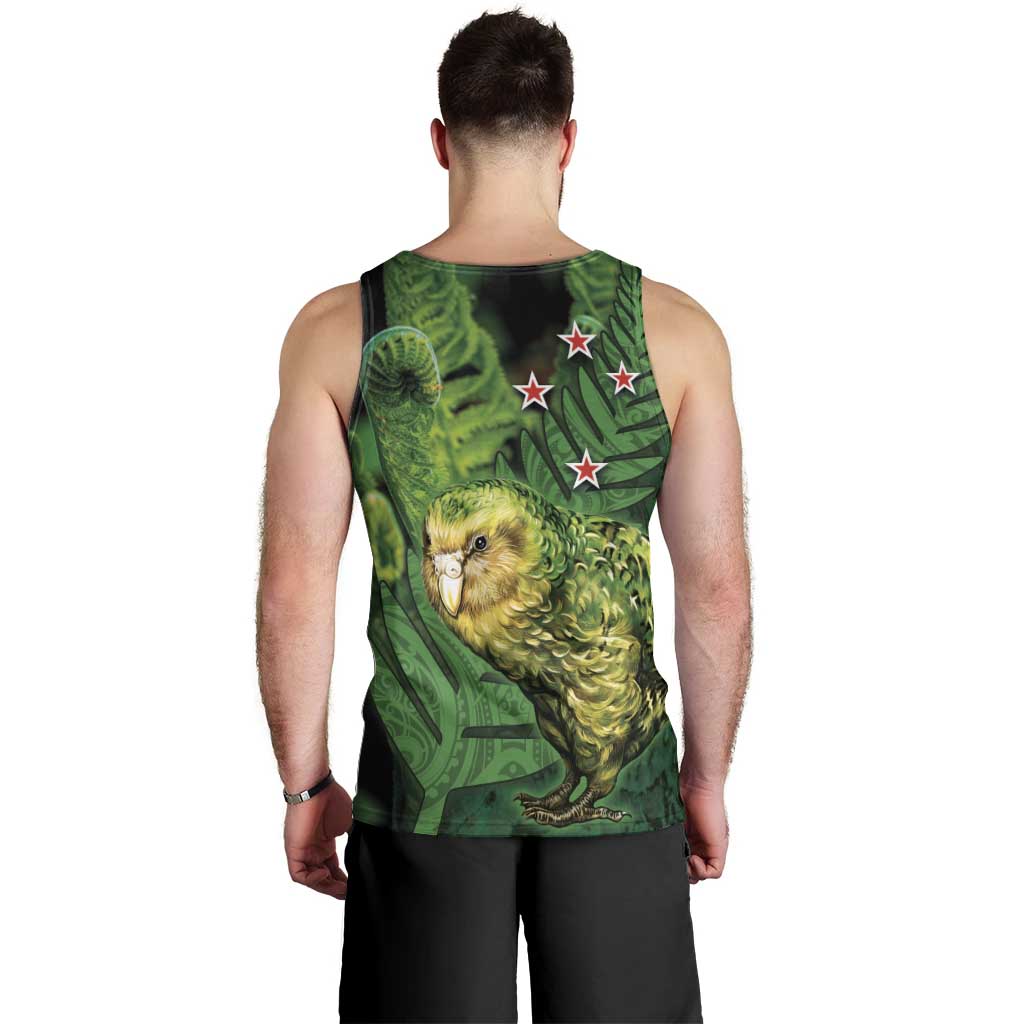 New Zealand Kākāpō Men Tank Top Silver Fern with Close up of Green Fern Leaves and Maori Tattoo