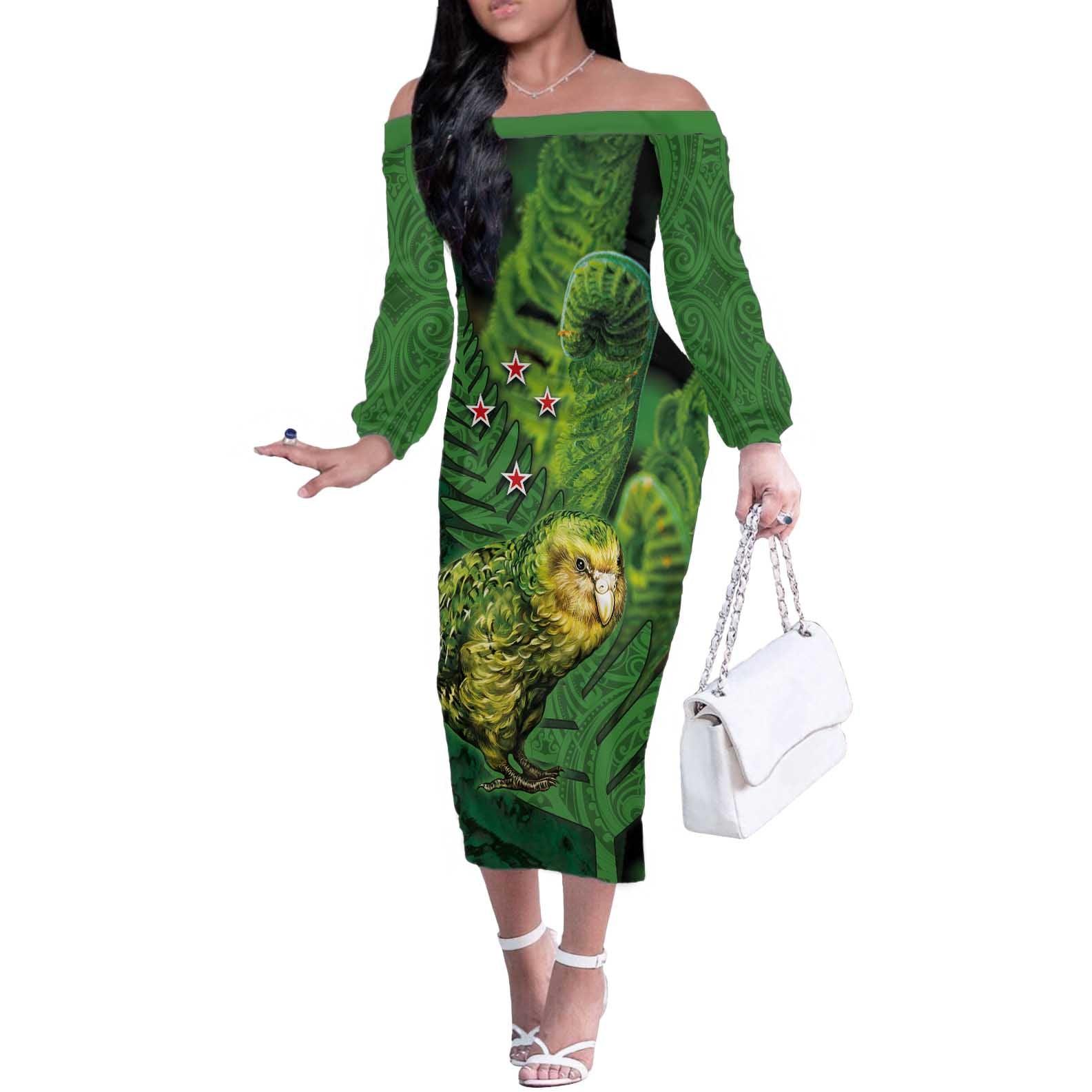 New Zealand Kākāpō Off The Shoulder Long Sleeve Dress Silver Fern with Close up of Green Fern Leaves and Maori Tattoo