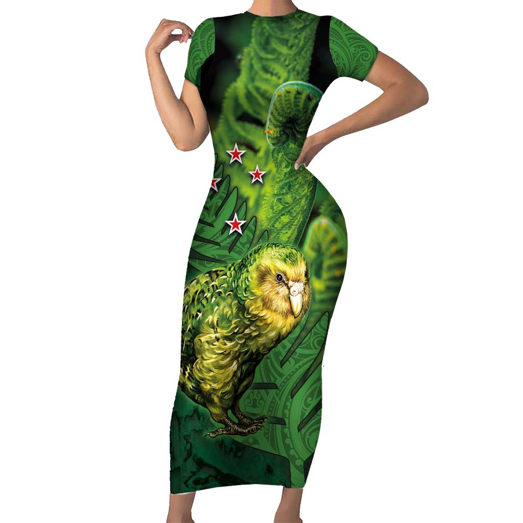 New Zealand Kākāpō Short Sleeve Bodycon Dress Silver Fern with Close up of Green Fern Leaves and Maori Tattoo