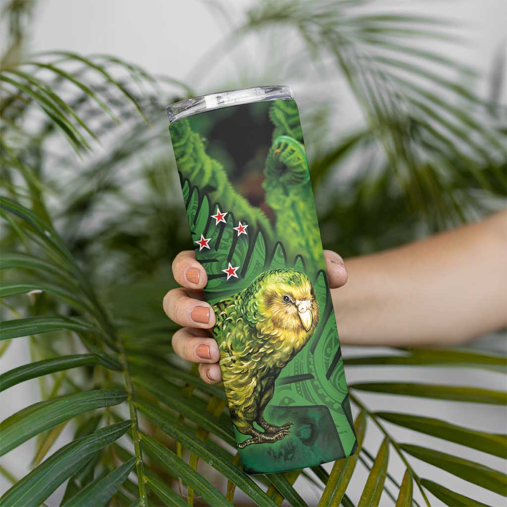 New Zealand Kākāpō Skinny Tumbler Silver Fern with Close up of Green Fern Leaves and Maori Tattoo