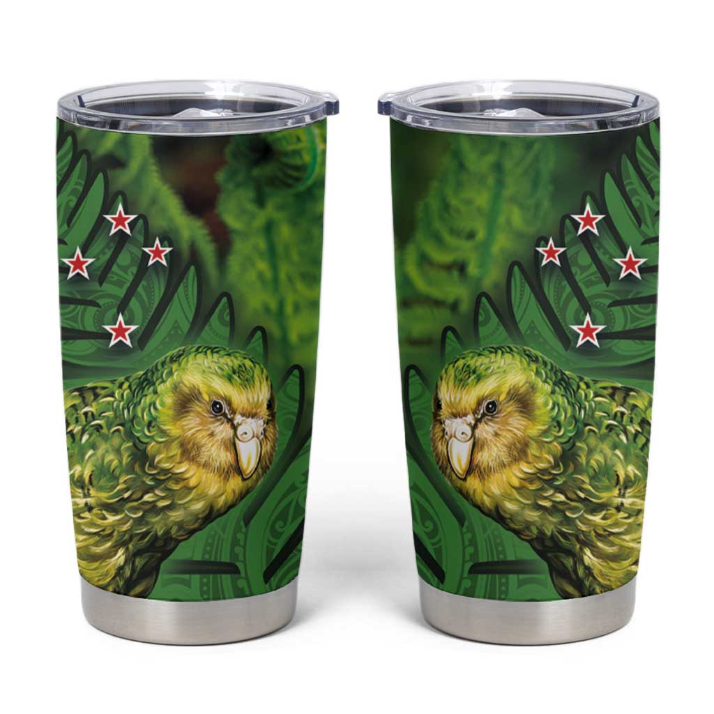 New Zealand Kākāpō Tumbler Cup Silver Fern with Close up of Green Fern Leaves and Maori Tattoo