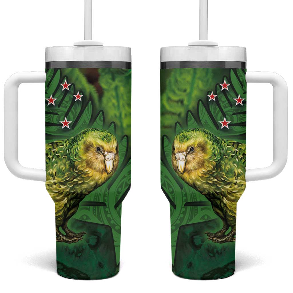 New Zealand Kkp Tumbler With Handle Silver Fern with Close up of Green Fern Leaves and Maori Tattoo LT03 One Size: 40 oz Green - Polynesian Pride