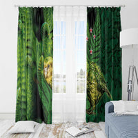 New Zealand Kākāpō Window Curtain Silver Fern with Close up of Green Fern Leaves and Maori Tattoo