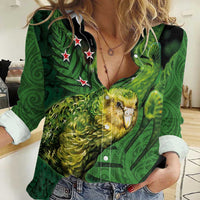 New Zealand Kkp Women Casual Shirt Silver Fern with Close up of Green Fern Leaves and Maori Tattoo LT03 Female Green - Polynesian Pride