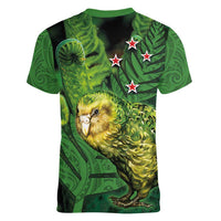 New Zealand Kkp Women V-Neck T-Shirt Silver Fern with Close up of Green Fern Leaves and Maori Tattoo LT03 - Polynesian Pride