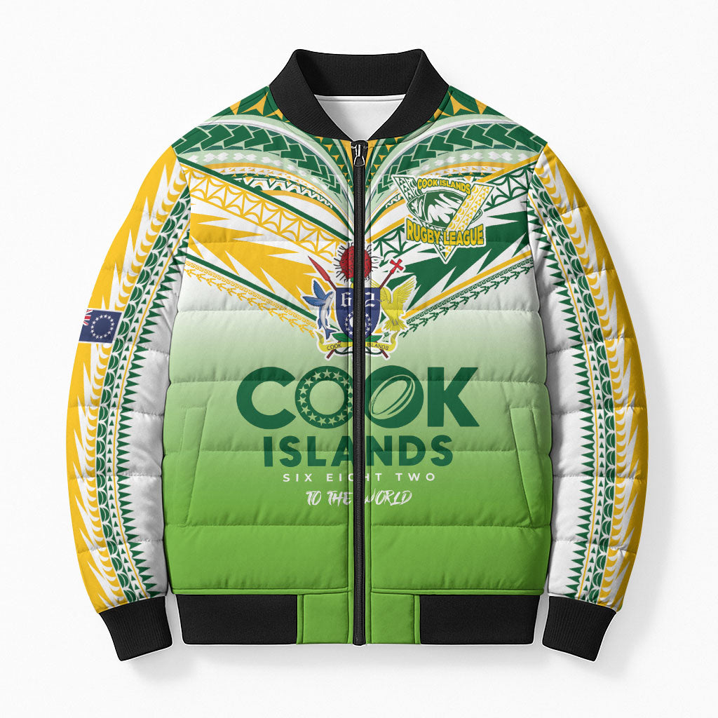 Cook Islands Rugby Bomber Puffer Jacket Six Eight Two to The World - Tatau Tribal Motif LT03 Unisex Multicolor - Polynesian Pride