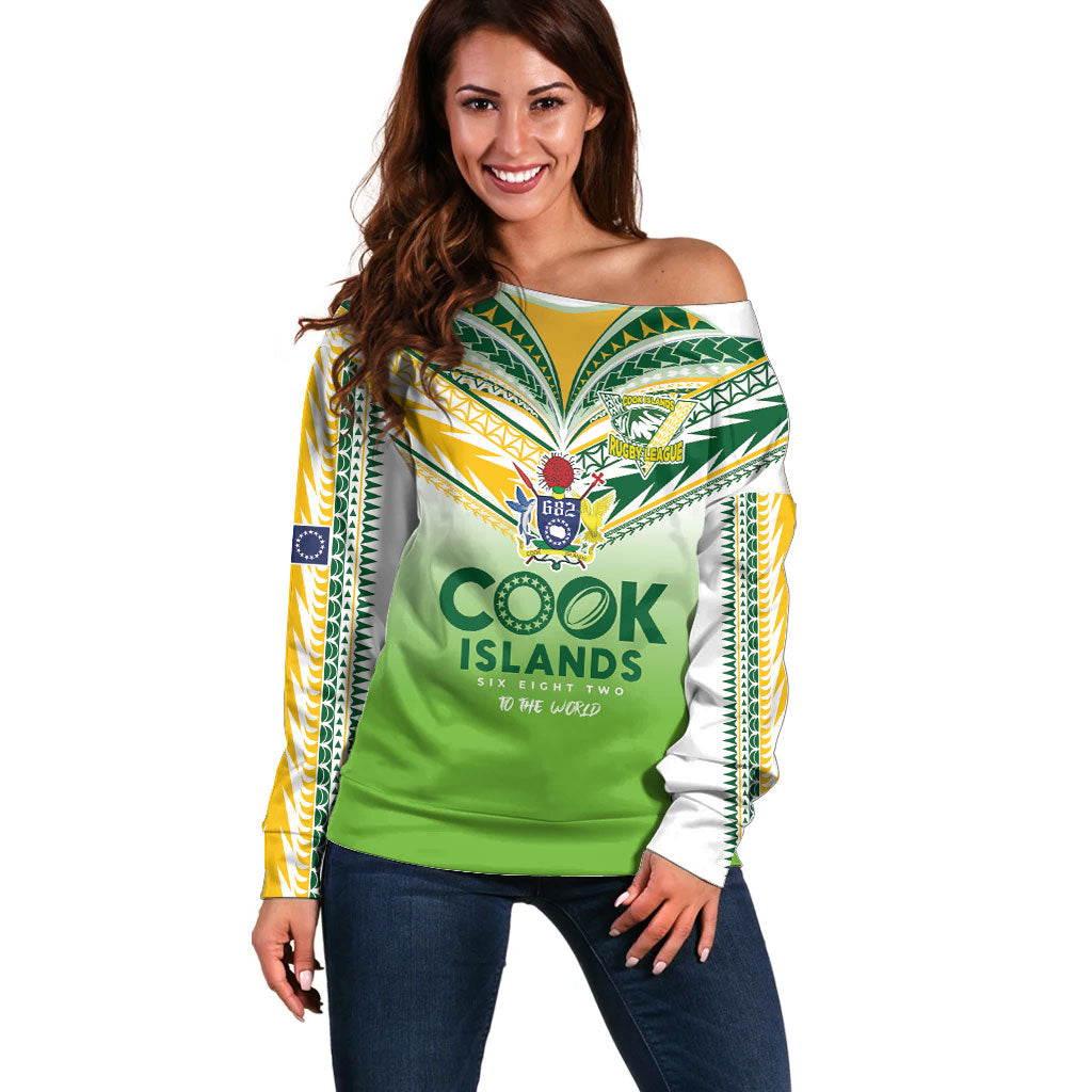 Cook Islands Rugby Off Shoulder Sweater Six Eight Two to The World - Tatau Tribal Motif LT03 Women Multicolor - Polynesian Pride