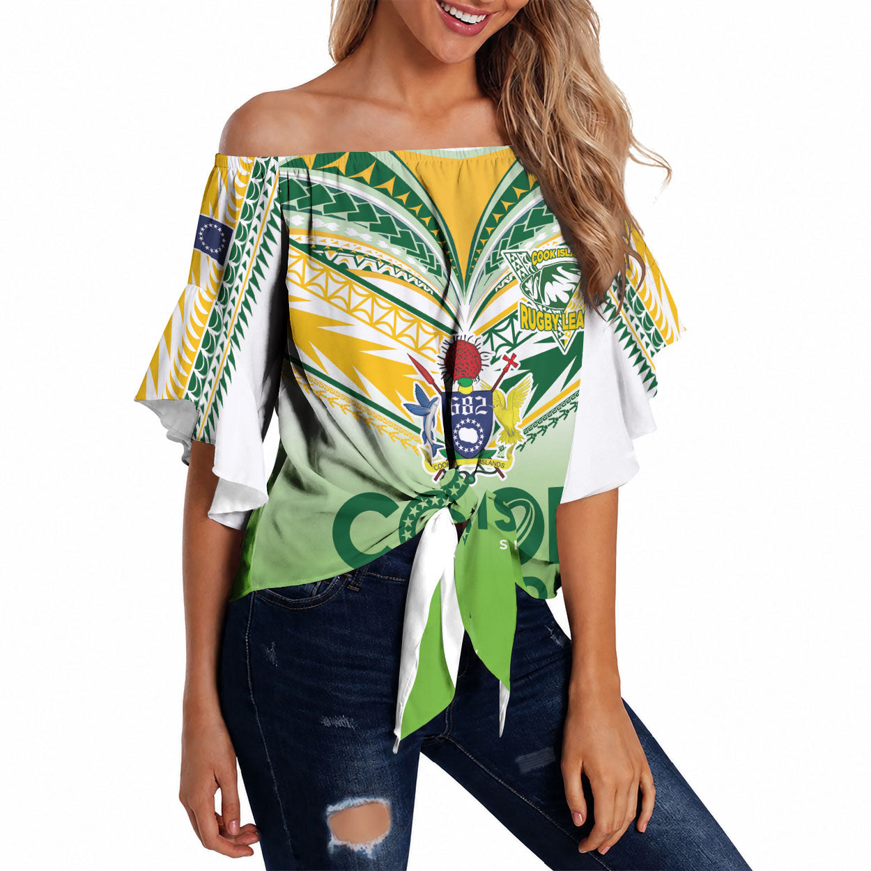 Cook Islands Rugby Off Shoulder Wrap Waist Top Six Eight Two to The World - Tatau Tribal Motif LT03 Multicolor - Polynesian Pride