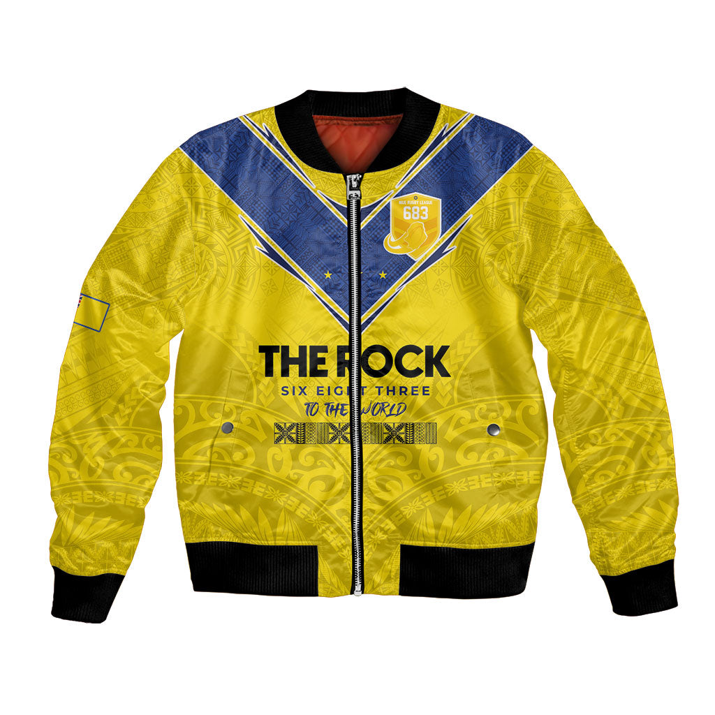 Niue Rugby Custom Bomber Jacket Six Eight Three to The World - Hiapo Tribal Motif