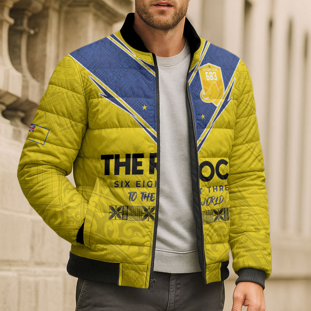 Niue Rugby Custom Bomber Puffer Jacket Six Eight Three to The World - Hiapo Tribal Motif LT03 - Polynesian Pride