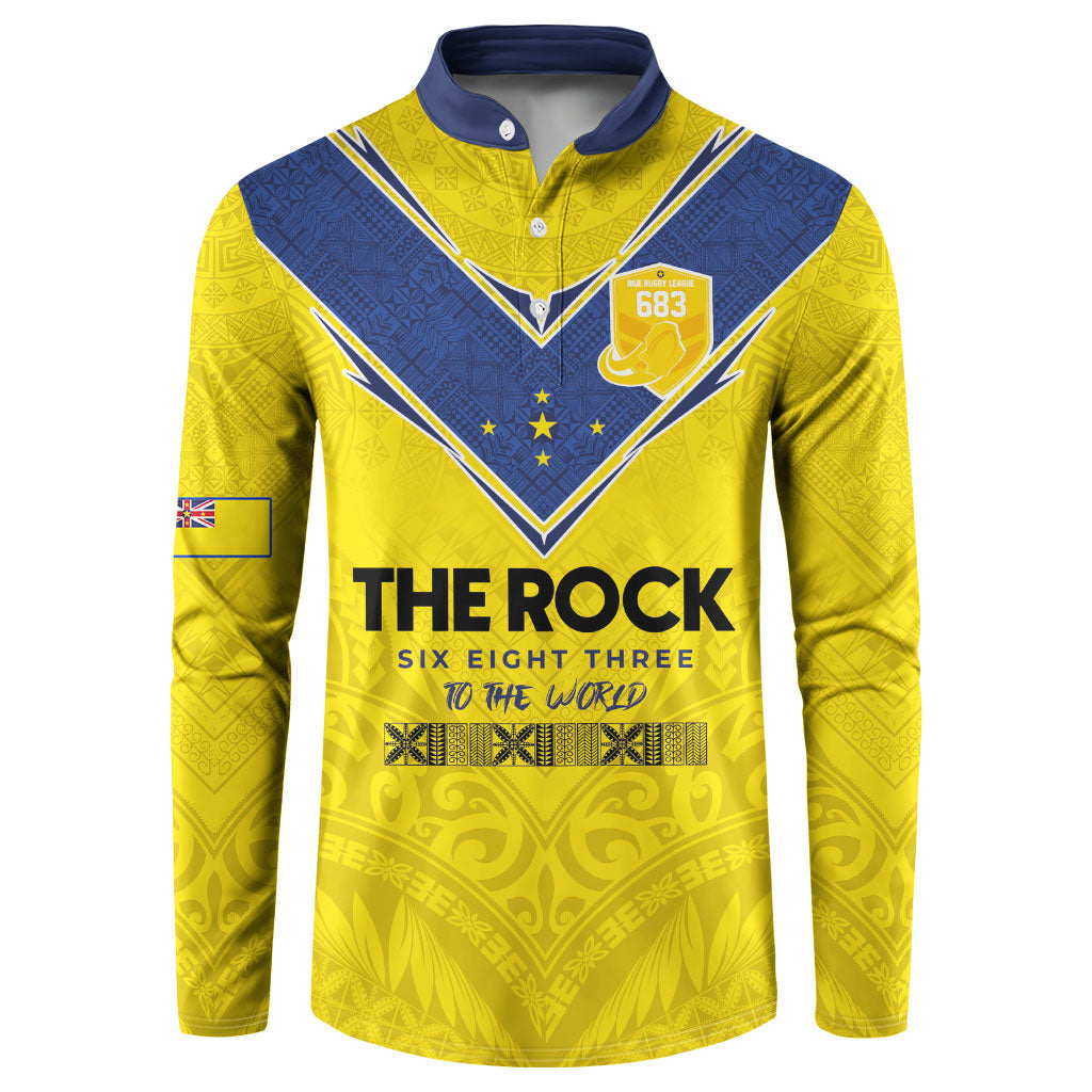 Niue Rugby Custom Button Sweatshirt Six Eight Three to The World - Hiapo Tribal Motif
