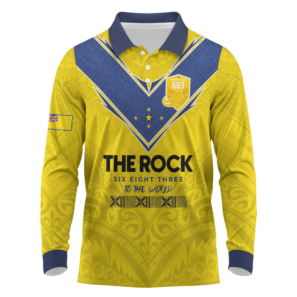 Niue Rugby Custom Long Sleeve Polo Shirt Six Eight Three to The World - Hiapo Tribal Motif