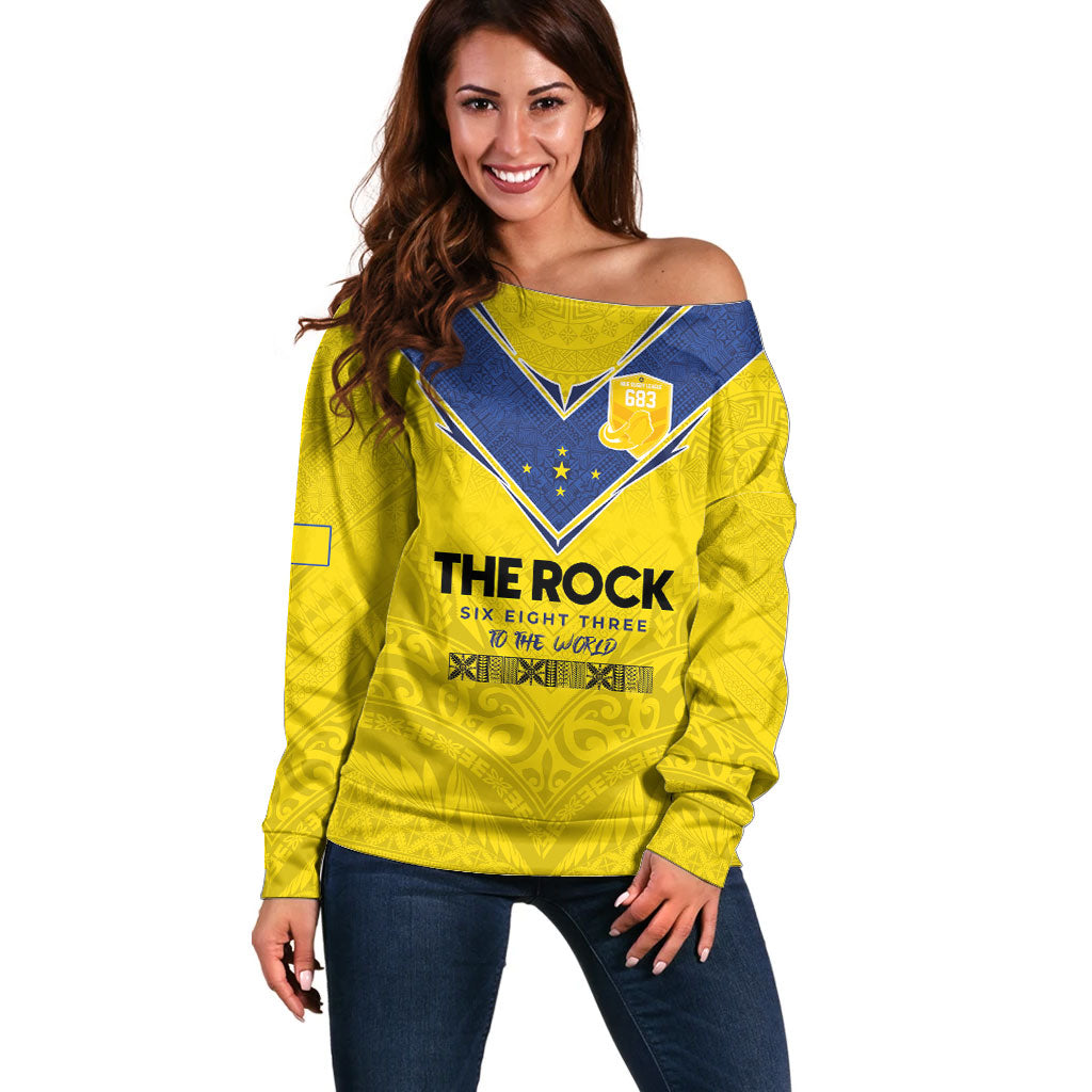 Niue Rugby Custom Off Shoulder Sweater Six Eight Three to The World - Hiapo Tribal Motif