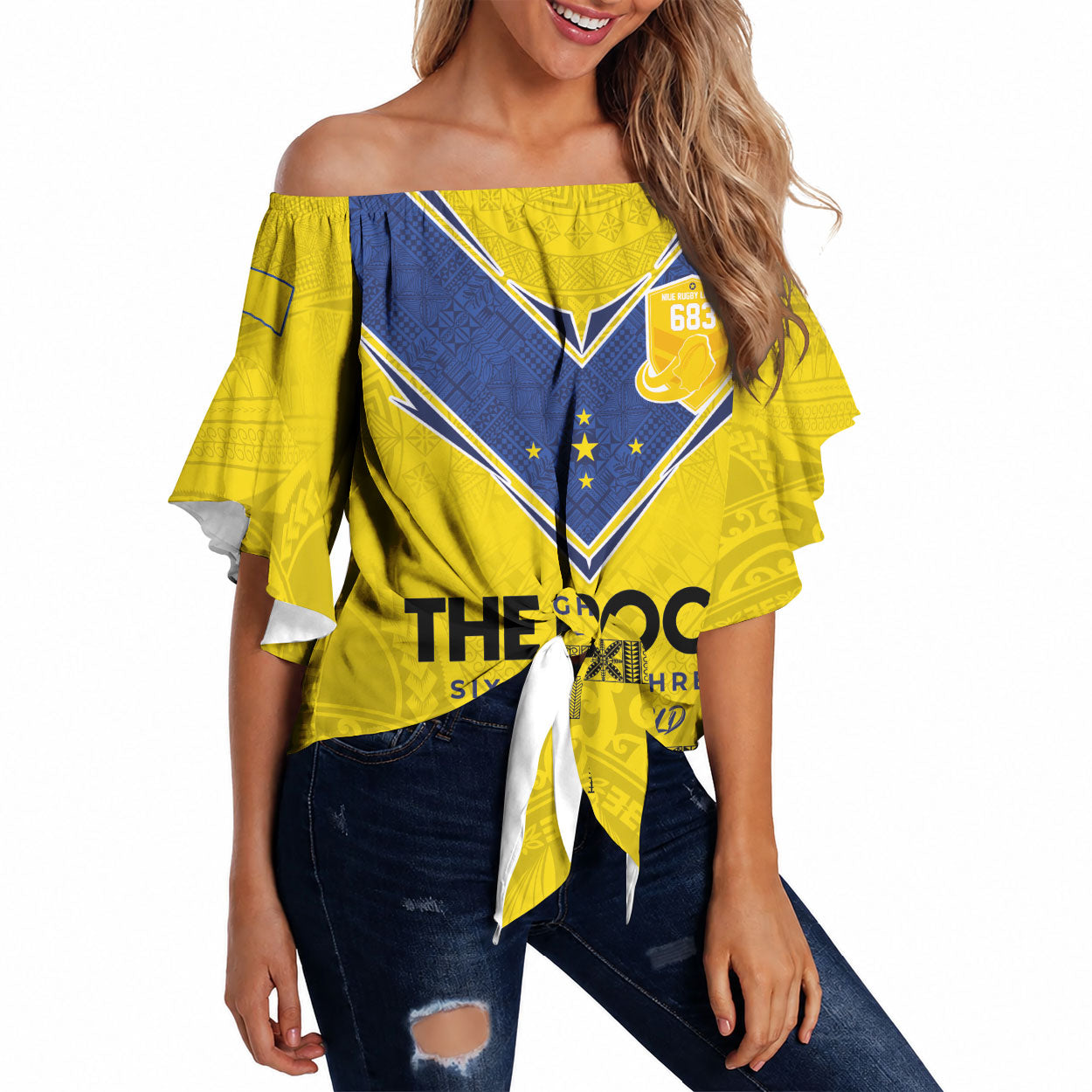 Niue Rugby Custom Off Shoulder Wrap Waist Top Six Eight Three to The World - Hiapo Tribal Motif