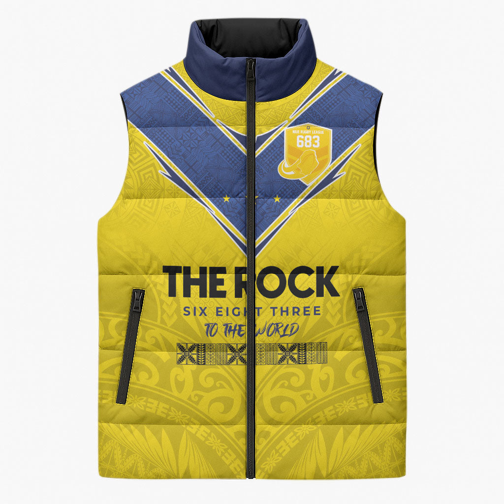 Niue Rugby Custom Sleeveless Puffer Jacket Six Eight Three to The World - Hiapo Tribal Motif
