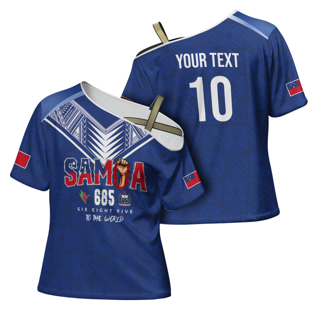 Samoa Rugby Custom Cross Shoulder Shirt Six Eight Five to The World - Pacific Motif