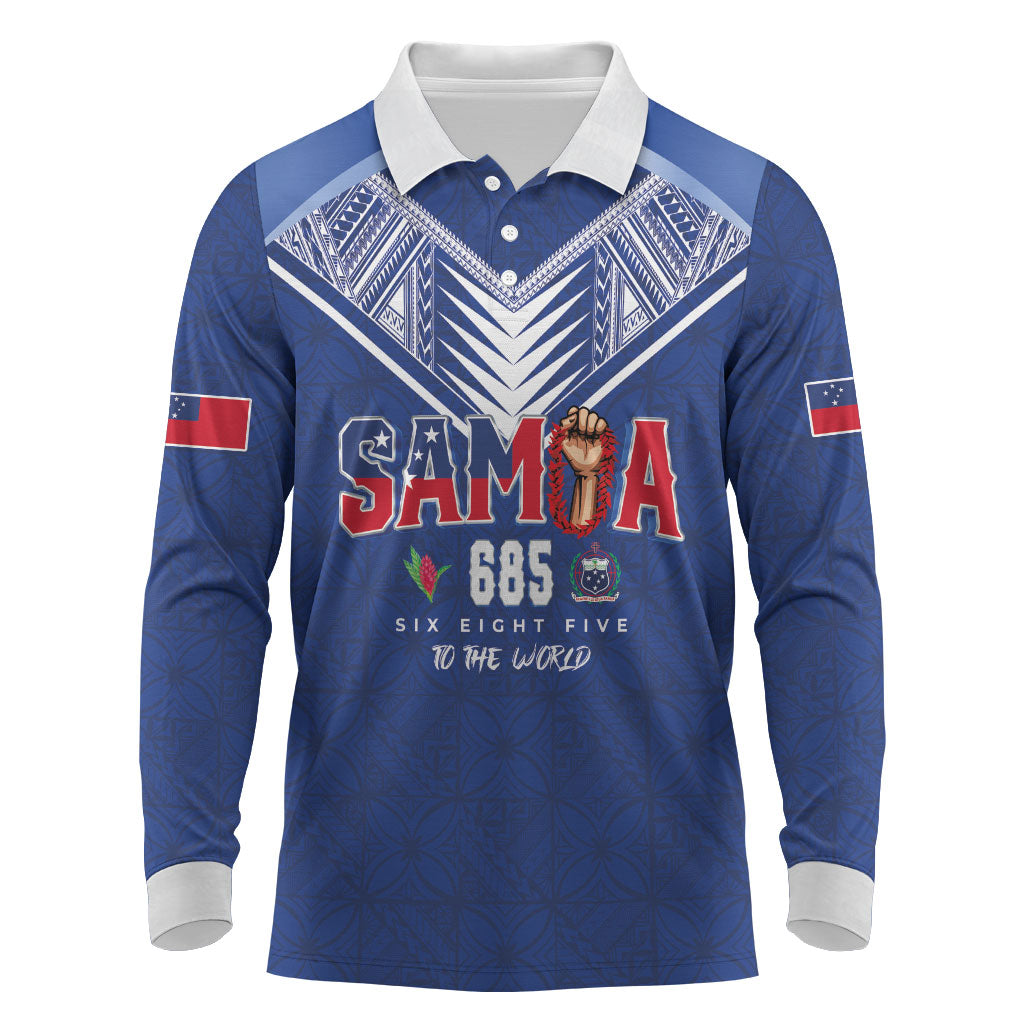 Samoa Rugby Custom Long Sleeve Polo Shirt Six Eight Five to The World - Pacific Motif