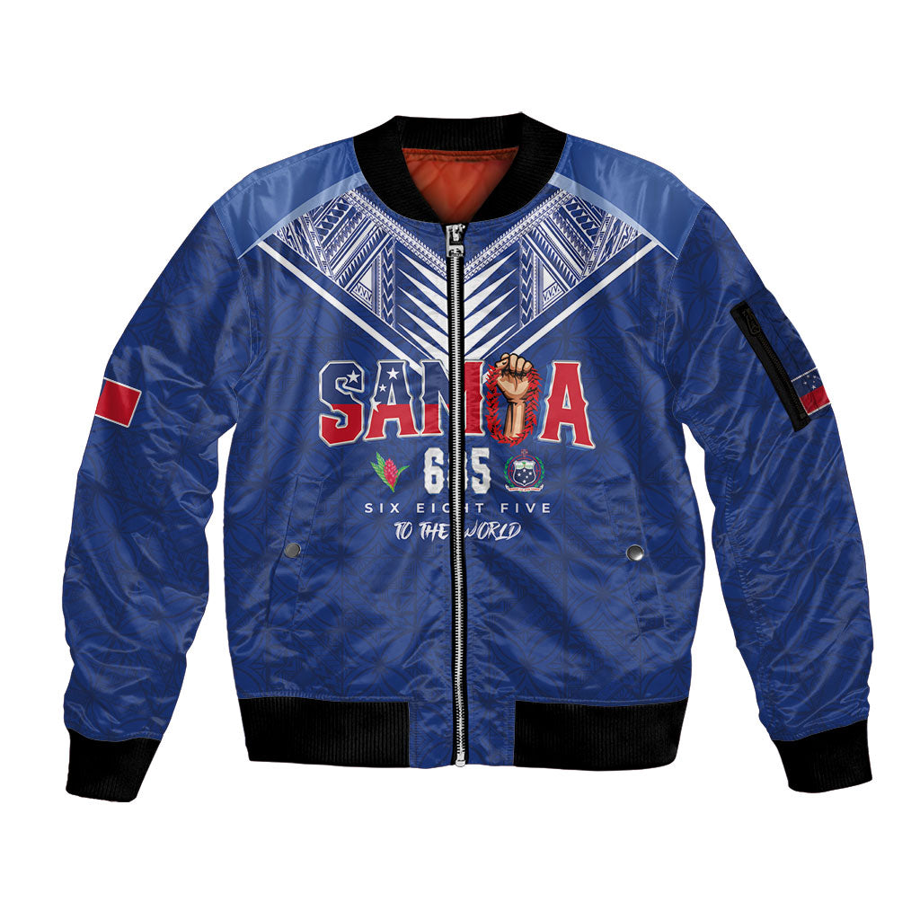 Samoa Rugby Custom Sleeve Zip Bomber Jacket Six Eight Five to The World - Pacific Motif