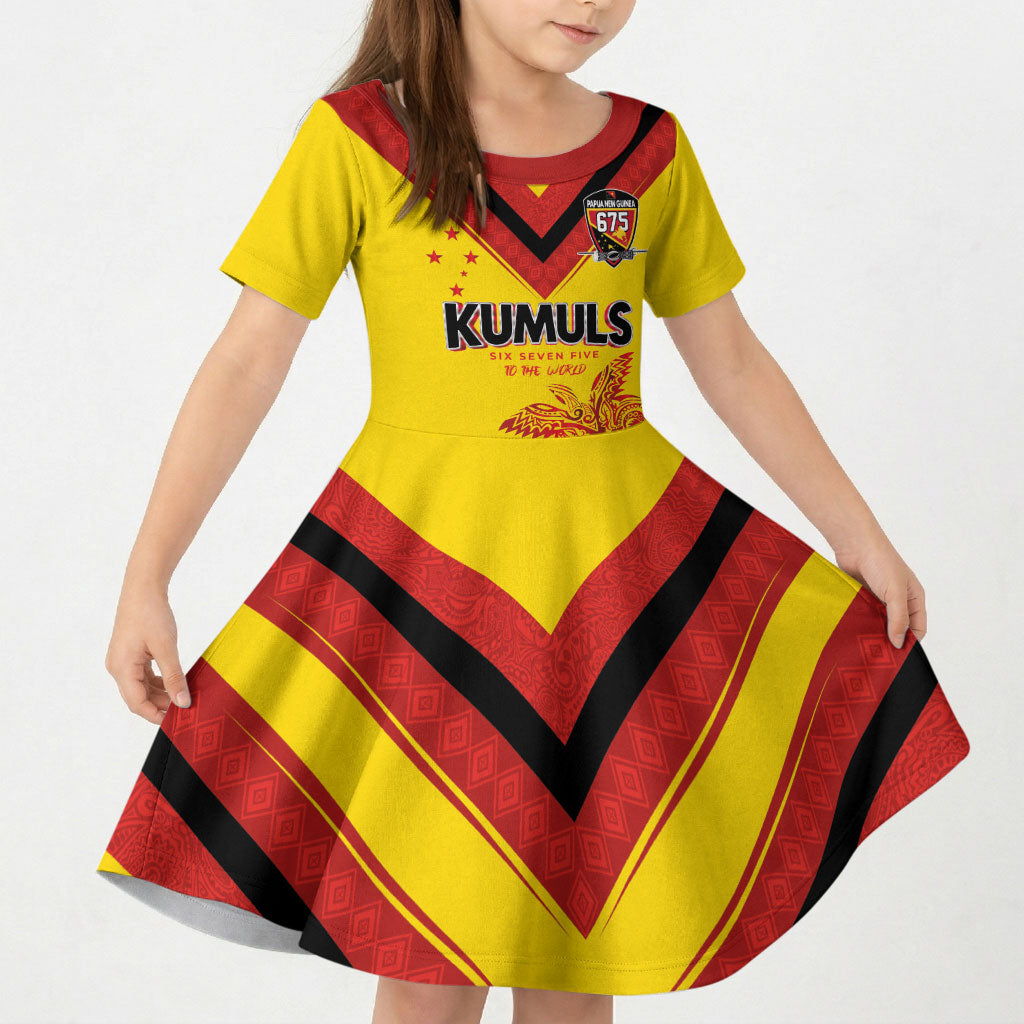 Papua New Guinea Rugby Custom Kid Short Sleeve Dress Six Seven Five to The World - Melanesian Pattern