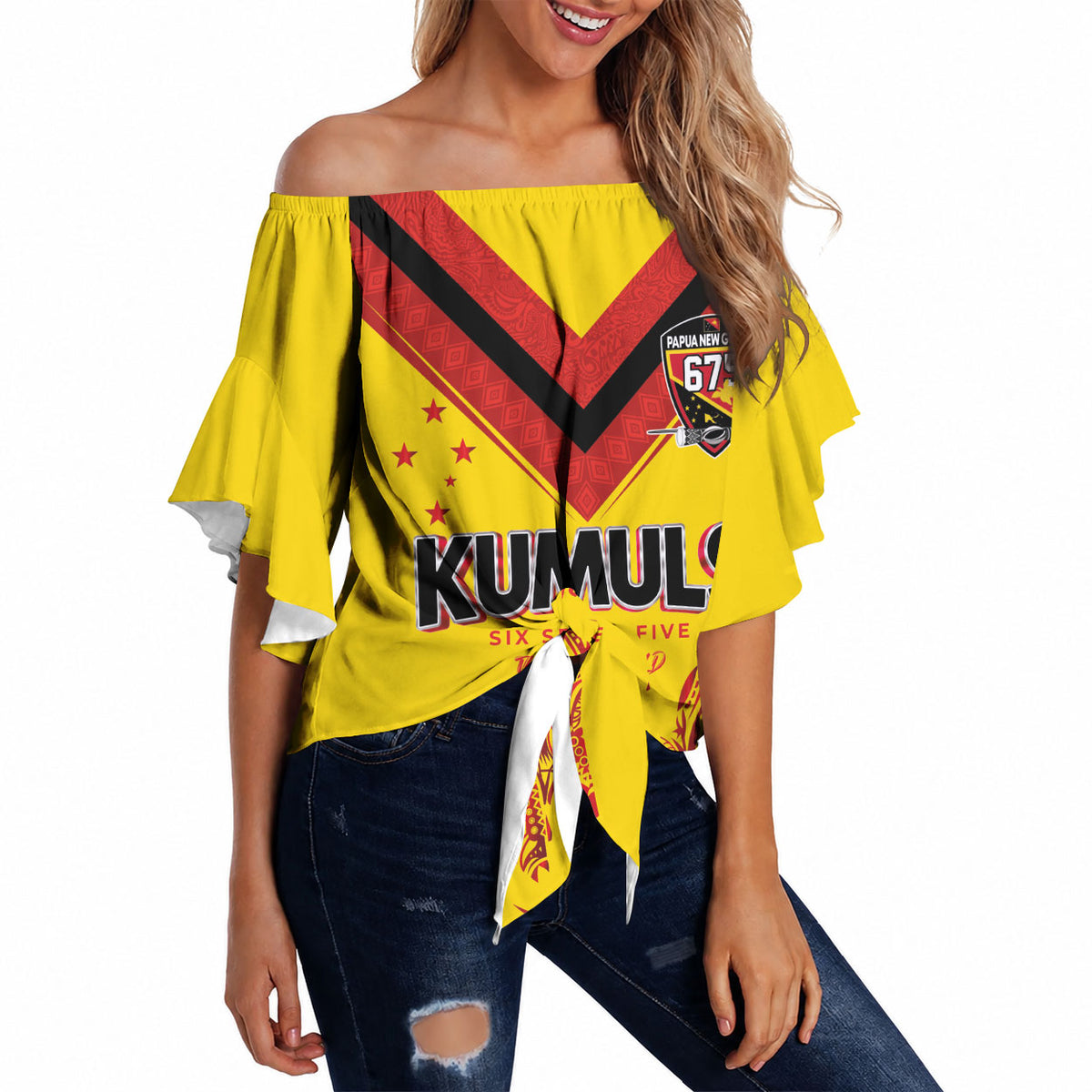 Papua New Guinea Rugby Custom Off Shoulder Wrap Waist Top Six Seven Five to The World - Melanesian Pattern