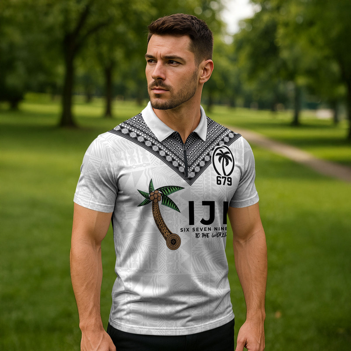 Fijian Rugby Zipper Polo Shirt Six Seven Nine to The World - Tapa Pattern