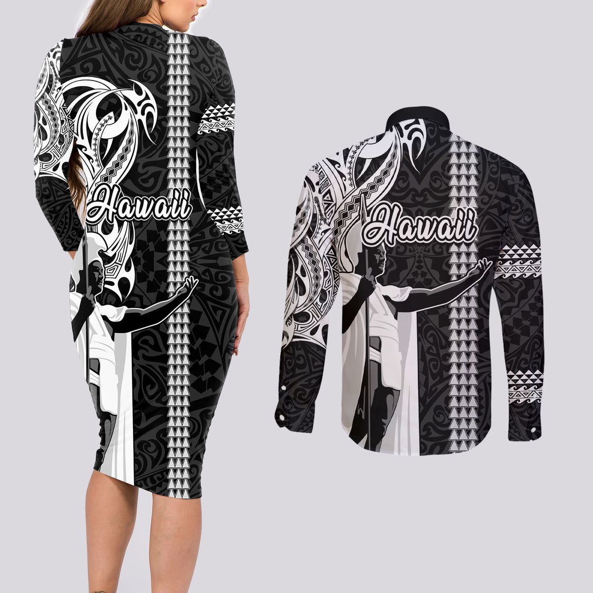 Hawaii Lanai Island Couples Matching Long Sleeve Bodycon Dress and Long Sleeve Button Shirts Hawaiian King and Kakau Symbols Abstract Shoulder Tattoo LT03 - Polynesian Pride