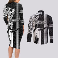 Hawaii Lanai Island Couples Matching Long Sleeve Bodycon Dress and Long Sleeve Button Shirts Hawaiian King and Kakau Symbols Abstract Shoulder Tattoo LT03 - Polynesian Pride