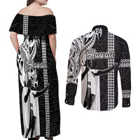 Hawaii Lanai Island Couples Matching Off Shoulder Maxi Dress and Long Sleeve Button Shirts Hawaiian King and Kakau Symbols Abstract Shoulder Tattoo LT03 - Polynesian Pride
