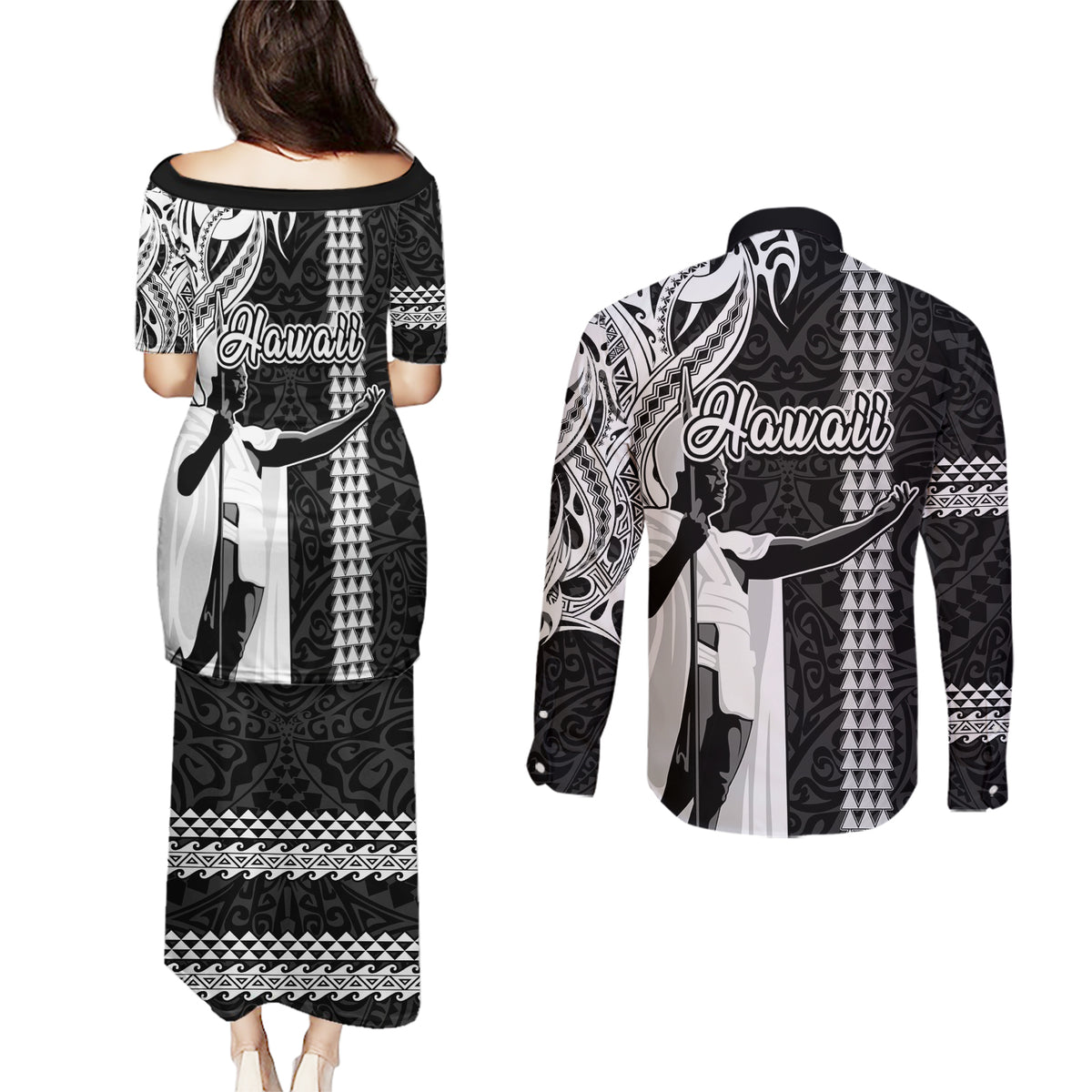 Hawaii Lanai Island Couples Matching Puletasi Dress and Long Sleeve Button Shirts Hawaiian King and Kakau Symbols Abstract Shoulder Tattoo LT03 - Polynesian Pride