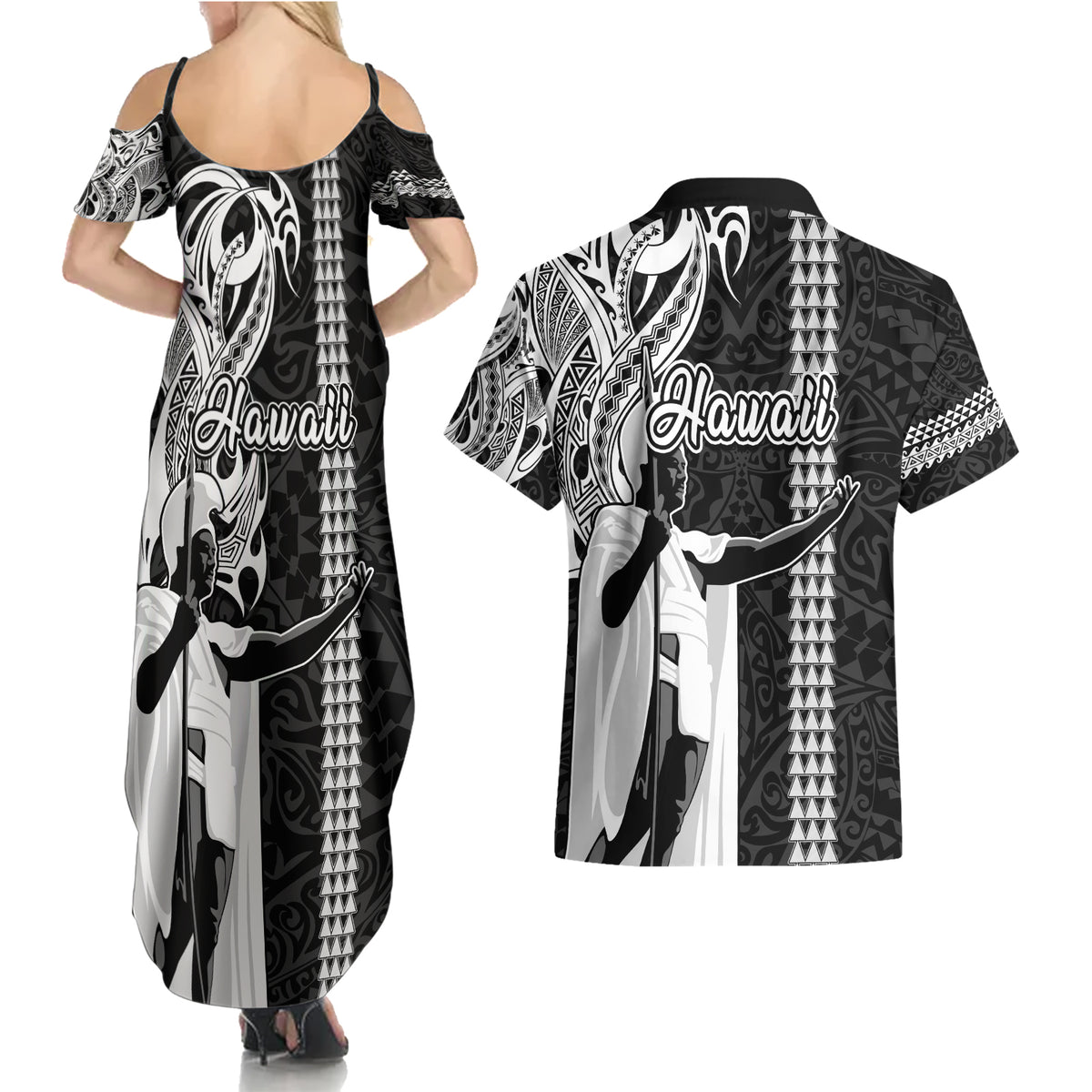 Hawaii Lanai Island Couples Matching Summer Maxi Dress and Hawaiian Shirt Hawaiian King and Kakau Symbols Abstract Shoulder Tattoo LT03 - Polynesian Pride
