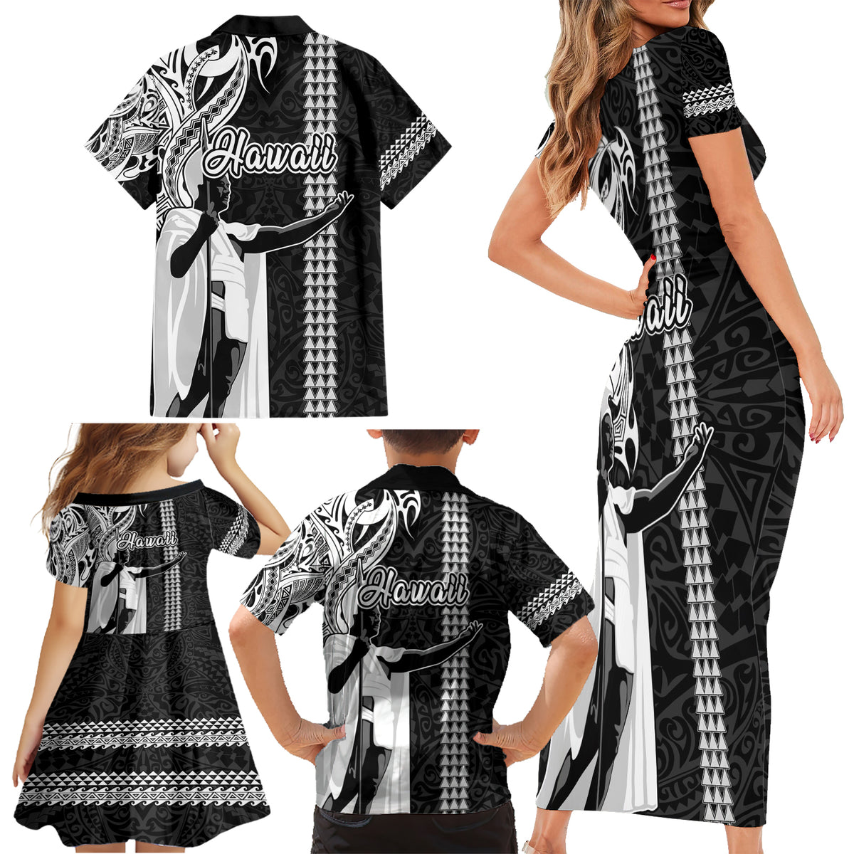 Hawaii Lanai Island Family Matching Short Sleeve Bodycon Dress and Hawaiian Shirt Hawaiian King and Kakau Symbols Abstract Shoulder Tattoo LT03 - Polynesian Pride