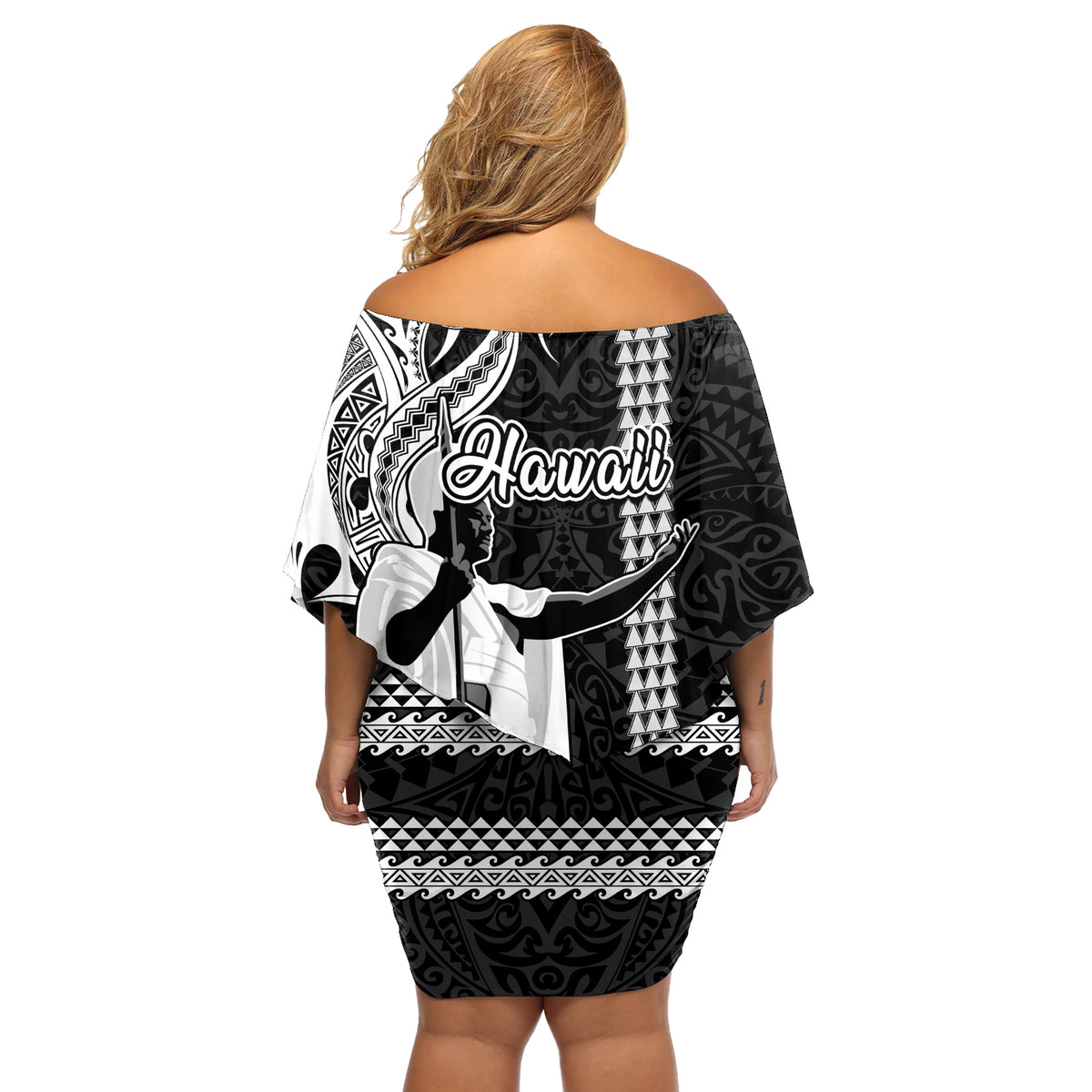 Hawaii Lanai Island Off Shoulder Short Dress Hawaiian King and Kakau Symbols Abstract Shoulder Tattoo LT03 - Polynesian Pride