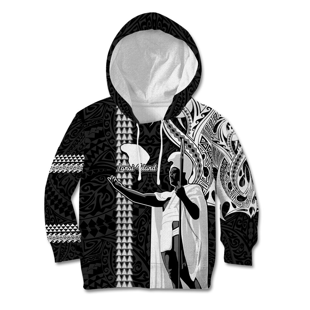 Custom Hawaii Lanai Island Kid Hoodie Hawaiian King and Kakau Symbols Abstract Shoulder Tattoo LT03 Black - Polynesian Pride