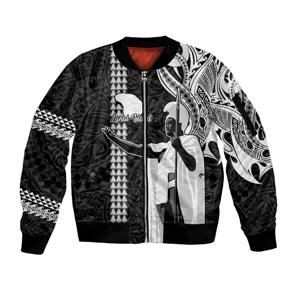 Custom Hawaii Lanai Island Sleeve Zip Bomber Jacket Hawaiian King and Kakau Symbols Abstract Shoulder Tattoo LT03 Unisex Black - Polynesian Pride