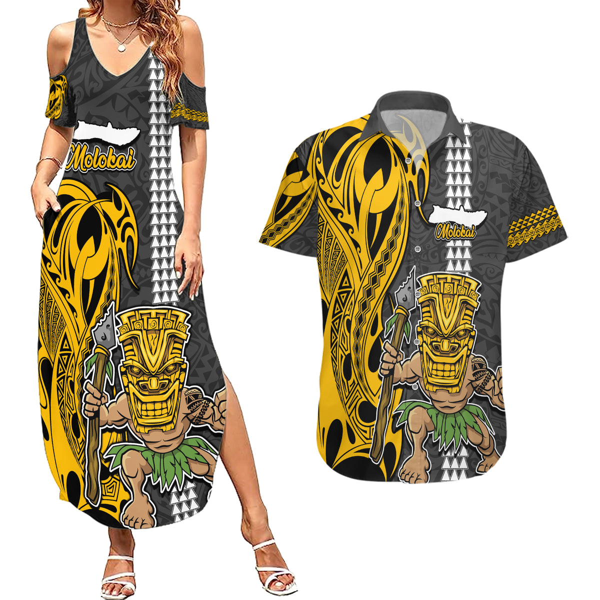 Hawaii Molokai Island Couples Matching Summer Maxi Dress and Hawaiian Shirt Hawaiian Warrior and Kakau Symbols Abstract Tattoo LT03 Yellow - Polynesian Pride