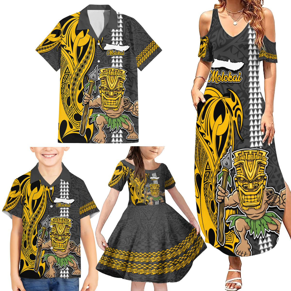 Hawaii Molokai Island Family Matching Summer Maxi Dress and Hawaiian Shirt Hawaiian Warrior and Kakau Symbols Abstract Tattoo LT03 - Polynesian Pride