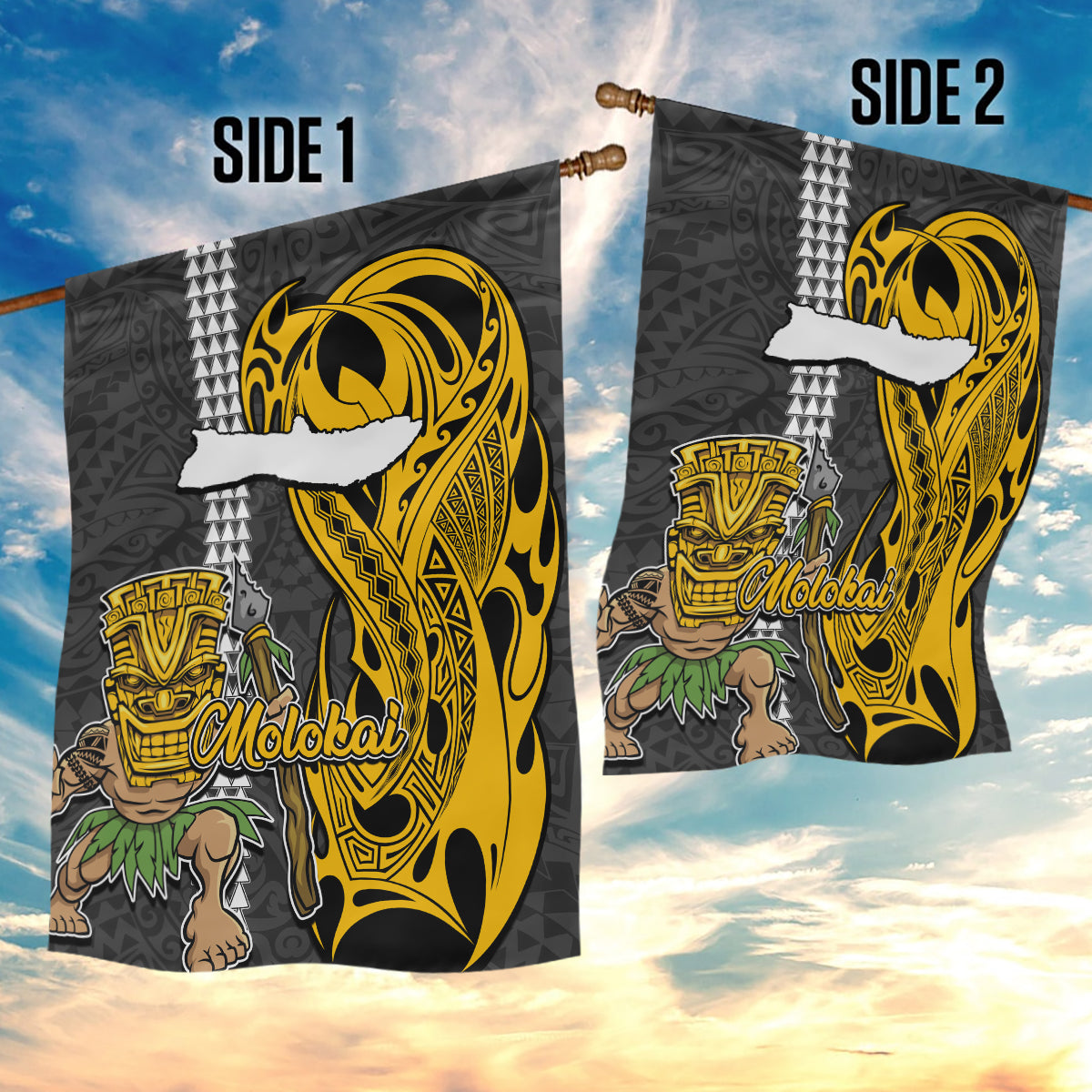Hawaii Molokai Island Garden Flag Hawaiian Warrior and Kakau Symbols Abstract Tattoo LT03 - Polynesian Pride