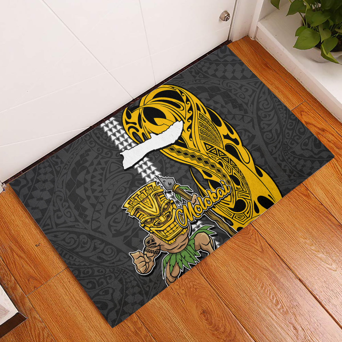 Hawaii Molokai Island Rubber Doormat Hawaiian Warrior and Kakau Symbols Abstract Tattoo LT03 Yellow - Polynesian Pride