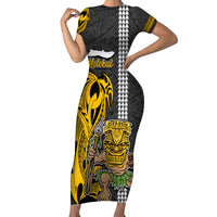 Hawaii Molokai Island Short Sleeve Bodycon Dress Hawaiian Warrior and Kakau Symbols Abstract Tattoo LT03 Long Dress Yellow - Polynesian Pride