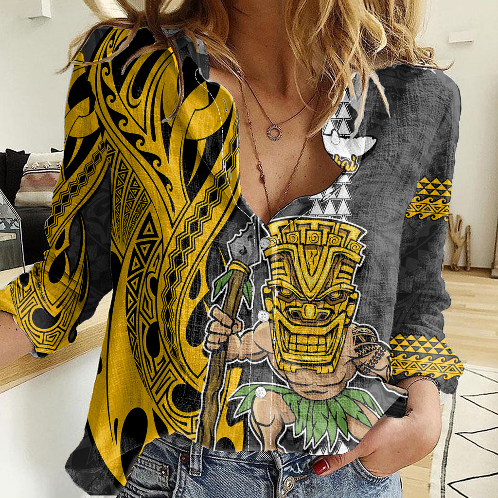 Hawaii Molokai Island Women Casual Shirt Hawaiian Warrior and Kakau Symbols Abstract Tattoo LT03 Female Yellow - Polynesian Pride