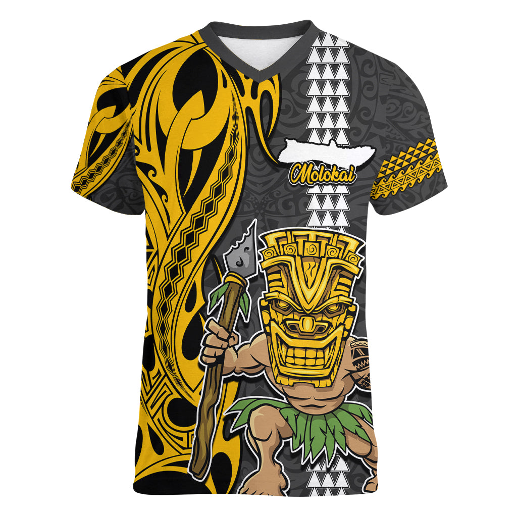 Hawaii Molokai Island Women V Neck T Shirt Hawaiian Warrior and Kakau Symbols Abstract Tattoo LT03 Female Yellow - Polynesian Pride