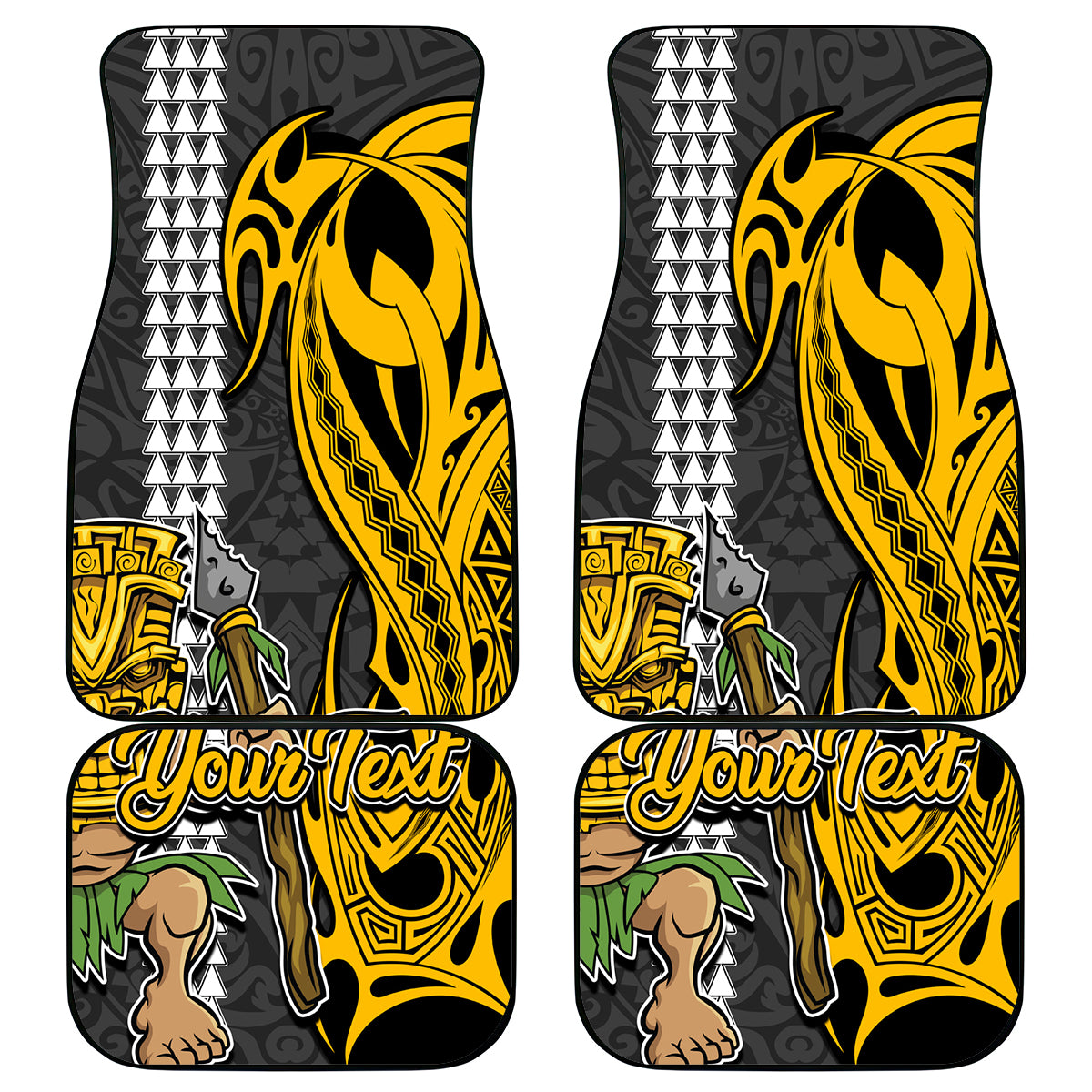 Custom Hawaii Molokai Island Car Mats Hawaiian Warrior and Kakau Symbols Abstract Tattoo LT03 Yellow - Polynesian Pride