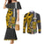 Custom Hawaii Molokai Island Couples Matching Mermaid Dress and Long Sleeve Button Shirts Hawaiian Warrior and Kakau Symbols Abstract Tattoo LT03 Yellow - Polynesian Pride