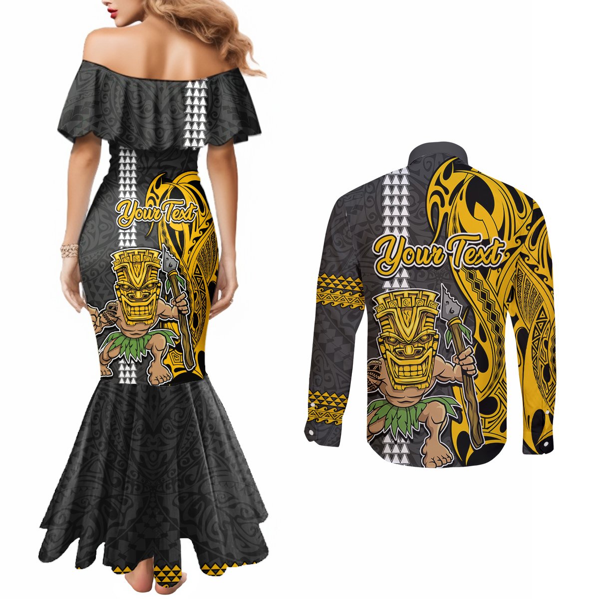 Custom Hawaii Molokai Island Couples Matching Mermaid Dress and Long Sleeve Button Shirts Hawaiian Warrior and Kakau Symbols Abstract Tattoo LT03 - Polynesian Pride