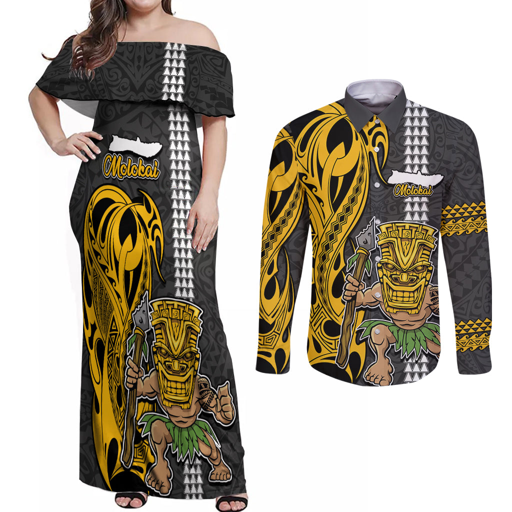 Custom Hawaii Molokai Island Couples Matching Off Shoulder Maxi Dress and Long Sleeve Button Shirts Hawaiian Warrior and Kakau Symbols Abstract Tattoo LT03 Yellow - Polynesian Pride