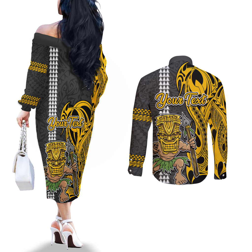 Custom Hawaii Molokai Island Couples Matching Off The Shoulder Long Sleeve Dress and Long Sleeve Button Shirts Hawaiian Warrior and Kakau Symbols Abstract Tattoo LT03 - Polynesian Pride