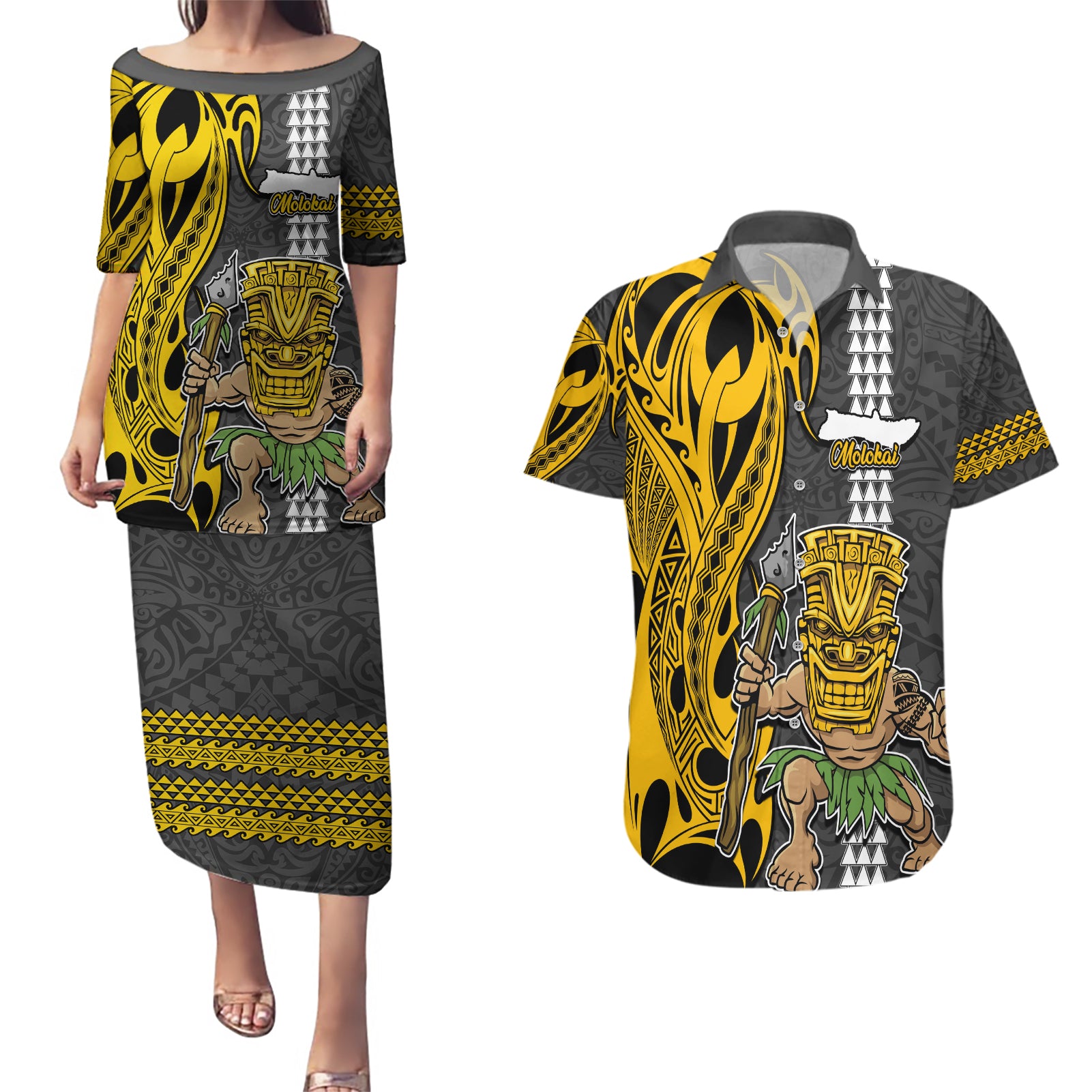 Custom Hawaii Molokai Island Couples Matching Puletasi Dress and Hawaiian Shirt Hawaiian Warrior and Kakau Symbols Abstract Tattoo LT03 Yellow - Polynesian Pride