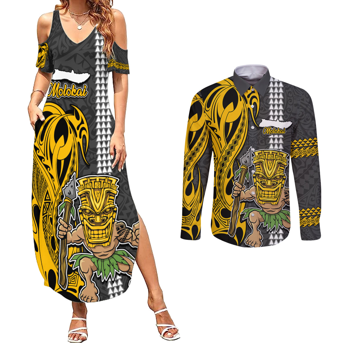 Custom Hawaii Molokai Island Couples Matching Summer Maxi Dress and Long Sleeve Button Shirts Hawaiian Warrior and Kakau Symbols Abstract Tattoo LT03 Yellow - Polynesian Pride