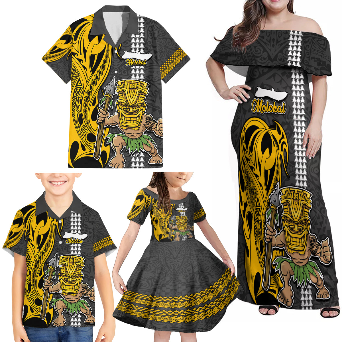 Custom Hawaii Molokai Island Family Matching Off Shoulder Maxi Dress and Hawaiian Shirt Hawaiian Warrior and Kakau Symbols Abstract Tattoo LT03 - Polynesian Pride